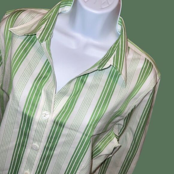 Foxcroft Non Iron Fitted Green White Stripe Button Up Shirt Size 16 B1 - Picture 1 of 3